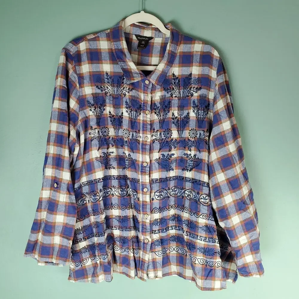 Multiples Womens Linen Floral Embroidered Button Up Plaid Shirt Size 3X Collar